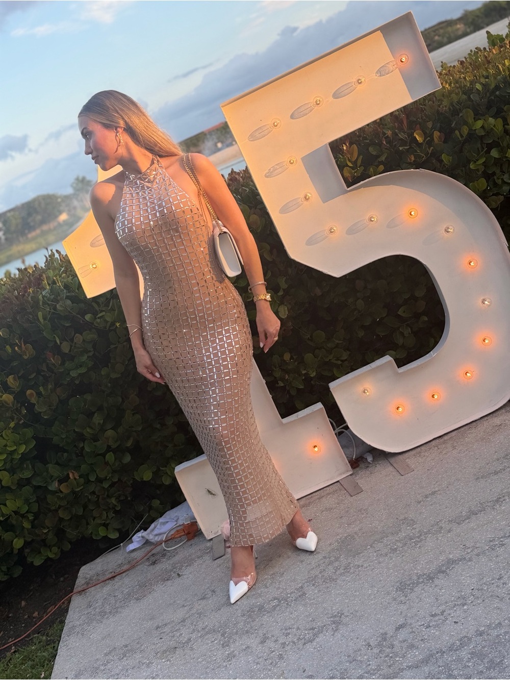 Zara Nude Crystal-Grid Halter Maxi Dress - Picture 4 of 5